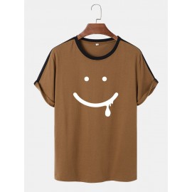 Mens Smile Face Print Side Stripe Street Short Sleeve T-Shirts