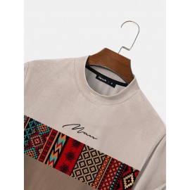 Mens Vintage Geometric Pattern Patchwork Mock Neck Short Sleeve T-Shirts