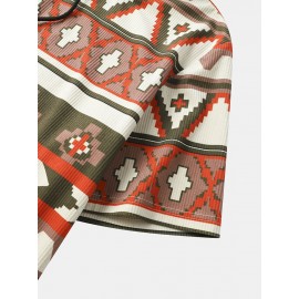 Mens All Over Colorful Geometric Print Corduroy Short Sleeve Hooded T-Shirts