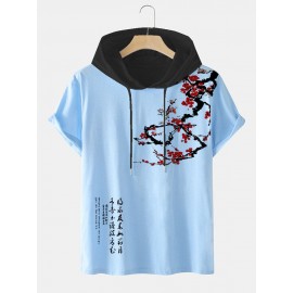 Mens Plum Bossom Character Print Contrast Short Sleeve Hooded T-Shirts