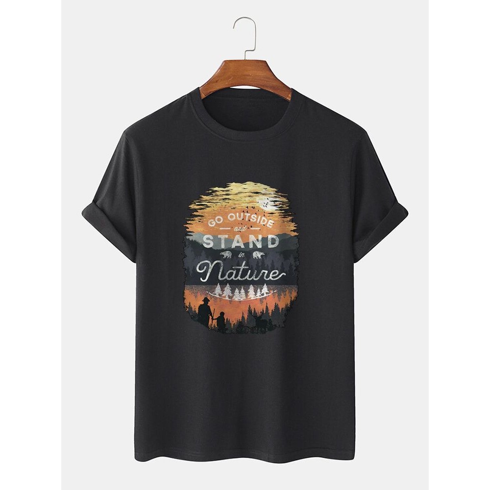 Mens 100% Cotton Slogant & Scenery Pattern Short Sleeve Casual T-Shirt