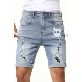 Sky Blue Skull Print Rolled Hem Ripped Men's Denim Shorts
