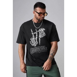 Black Skeleton Gesture Letter Print Men's Oversized Tee
