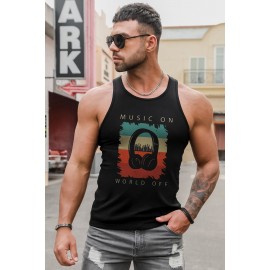 Black Music On World Off Headphone Print Men's Tank Top