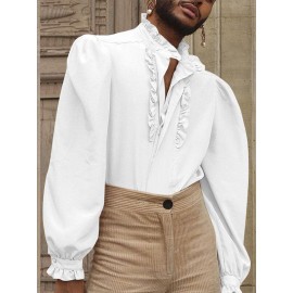 Mens Puff Sleeve Ruffle Neck Button Shirt