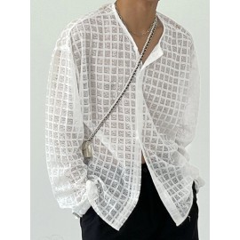 Mens Casual Mesh Check Long-sleeved Shirts