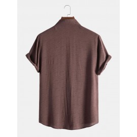 Mens Pure Color Lapel Button Up Cotton Basics Short Sleeve Shirts